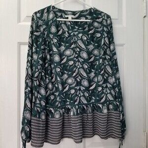 CATO Forest Green Print Long Sleeve Peasant Blouse Women's Large